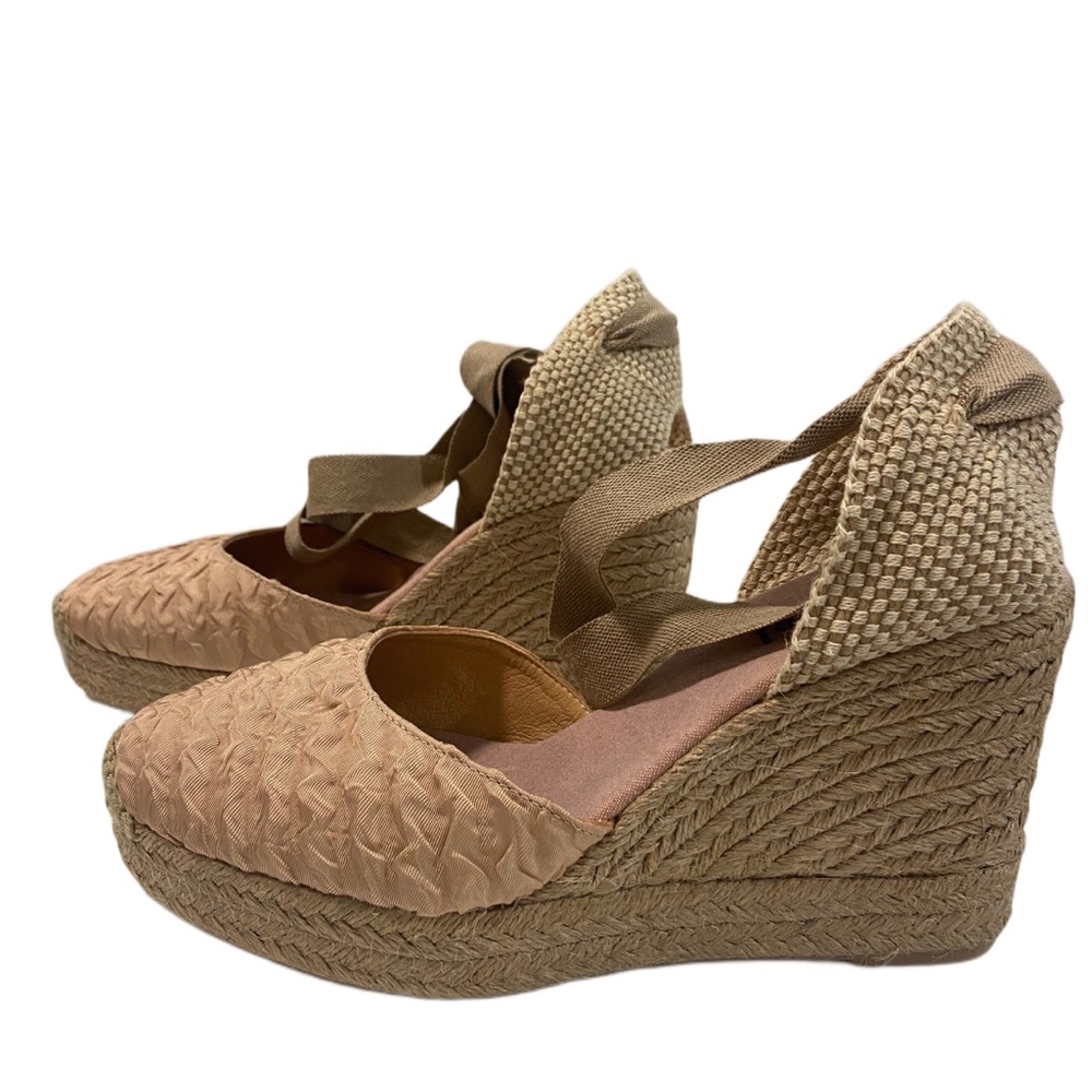 NWOT⭐️ Maypol Espadrilles Platform Wedge Silk Blush/Taupe Lace Up -8